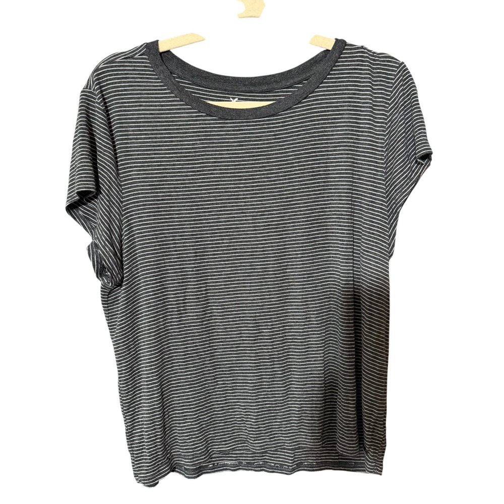 American Eagle Soft & Sexy Striped‎ T-Shirt Gray White XL Cap Sleeve Crew Neck